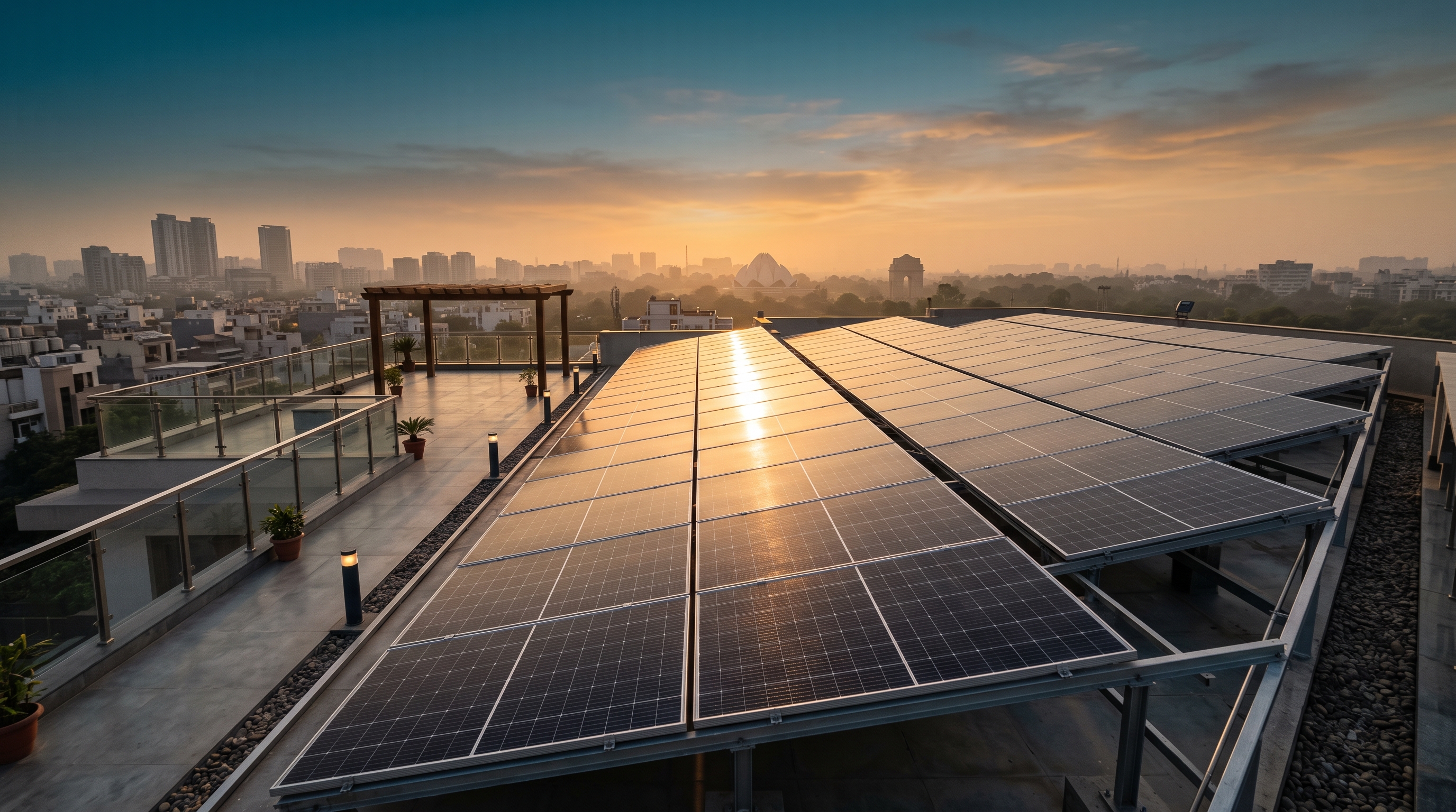 Rooftop solar panels on an Indian home at golden hour