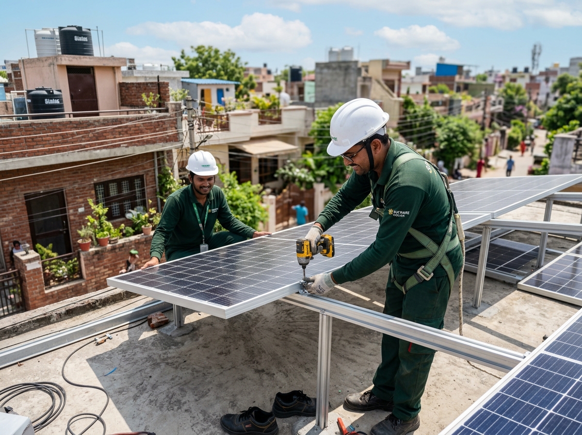 Releaf technicians installing a rooftop solar panel