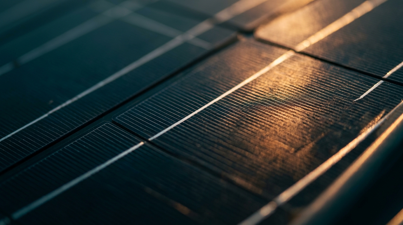 Close-up of solar panel cells at dusk